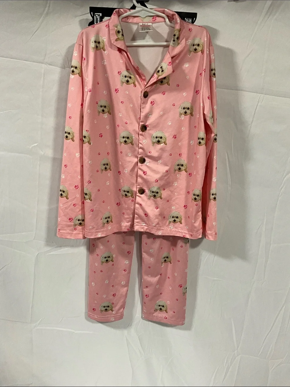 Girls Pink Puppy Print Satin Pajama Set Size 8–9 Years Long Sleeve Matching PJs
